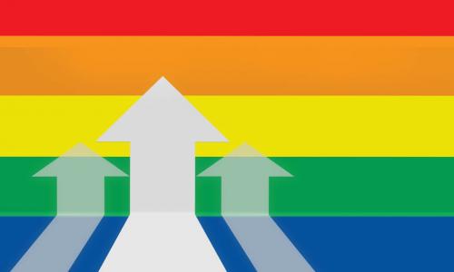 arrows move up and forward on rainbow background