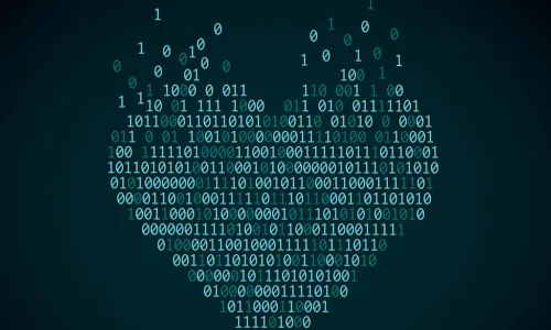green digital heart made of 1s and 0s