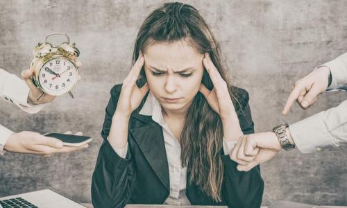 stressed woman surrounded by people handing her cell phone, watch, clock