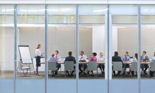woman leading a board meeting wide view