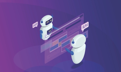 digital illustration of two cute AI chatbots interacting with software and saying H