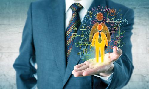 businessman holds colorful illustrated person with charts and graphs surrounding
