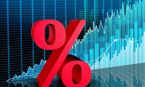 red percent symbol in front of chart of rising interest rates