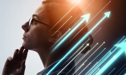 businesswoman with hand on her chin gazes up with arrows pointing up behind her