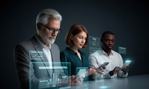3 individuals sitting at a table working on their mobile devices